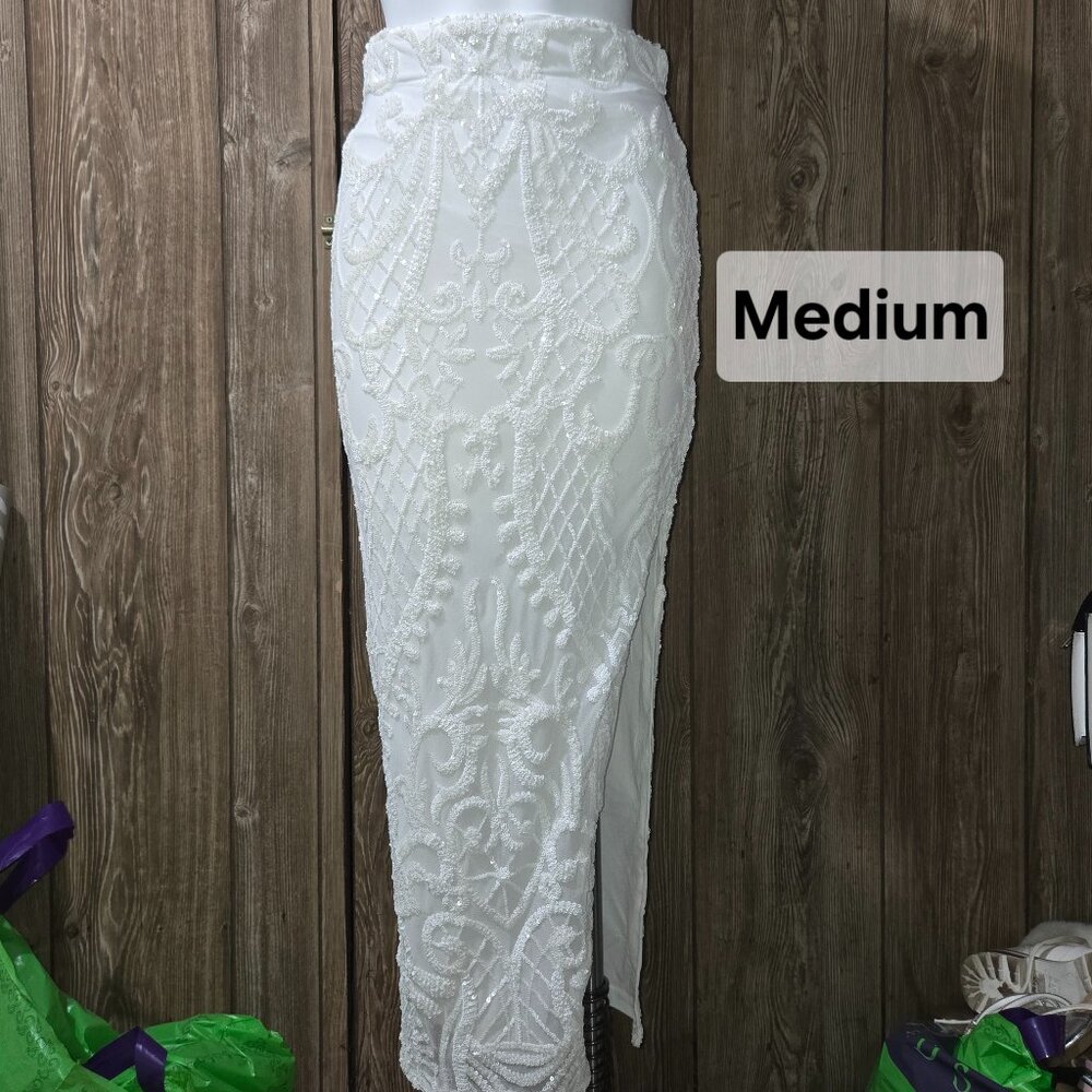 White Sequin Slit Skirt